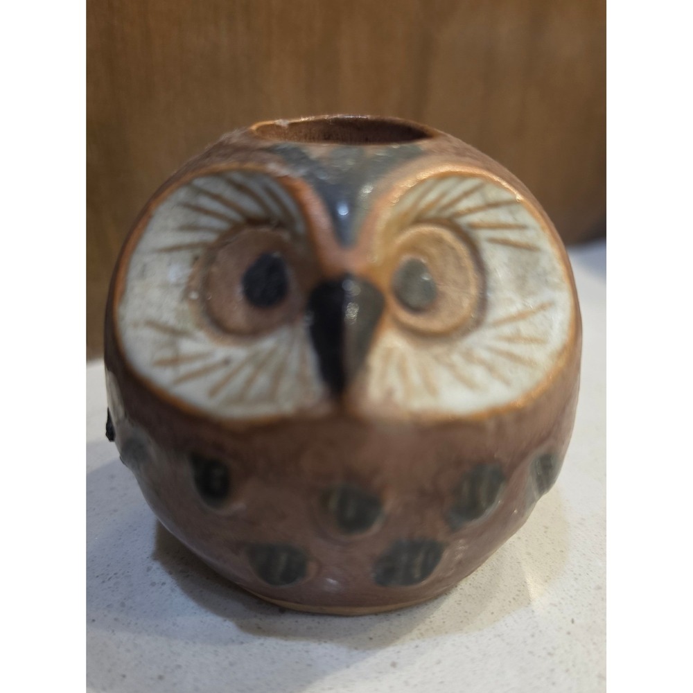 VTG Mexico Pottery Owl Bud Vase Hand Painted woodland cottagecore 1970's Kitsch